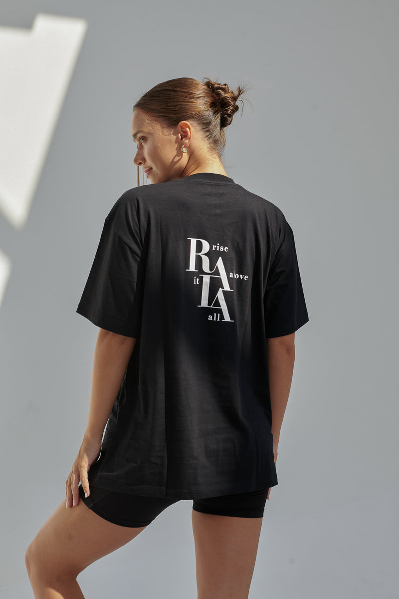 Unisex Oversized Cotton T-Shirt with "Rise Above It All" Logo -Black R2