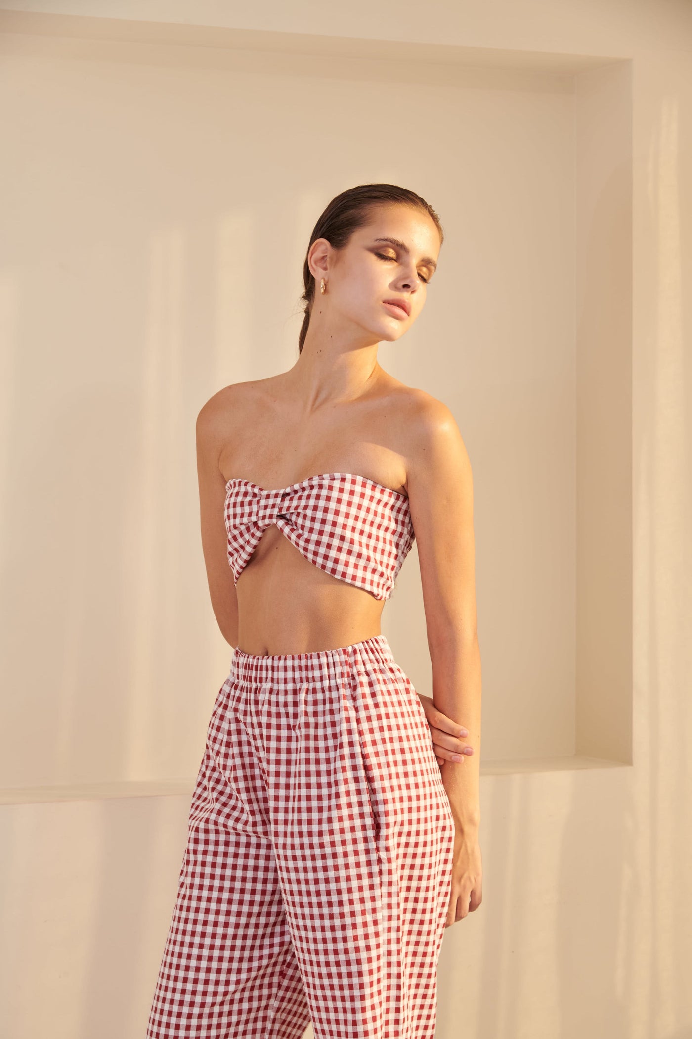 Gingham Bow Bandeau - Red Wine