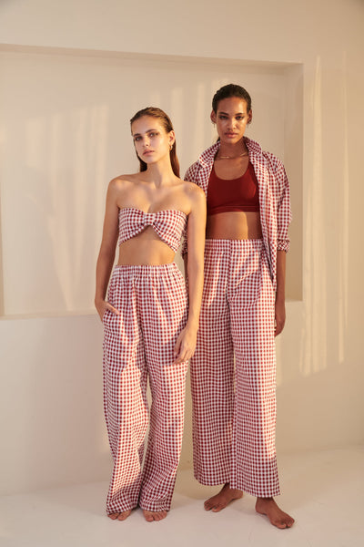 Gingham Set (Shirt & Trousers)- Wine Red
