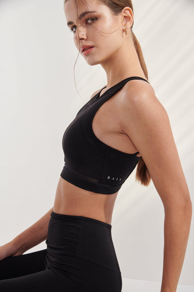      Double layered design, RAIA signature lattice cross back designed for ventilation and full range of  movement, High neckline, Perfect for high, medium, and everyday support, Removable premium support bra pads - supporting you just perfect amount (not too much not too little), Soft touch, Sweat-wicking/moisture management, Quick-drying, Breathable, Second Skin AirRise feel See AirRise collection, Flattering mesh paneling for extra breathability, Sustainable properties - fabrication processes